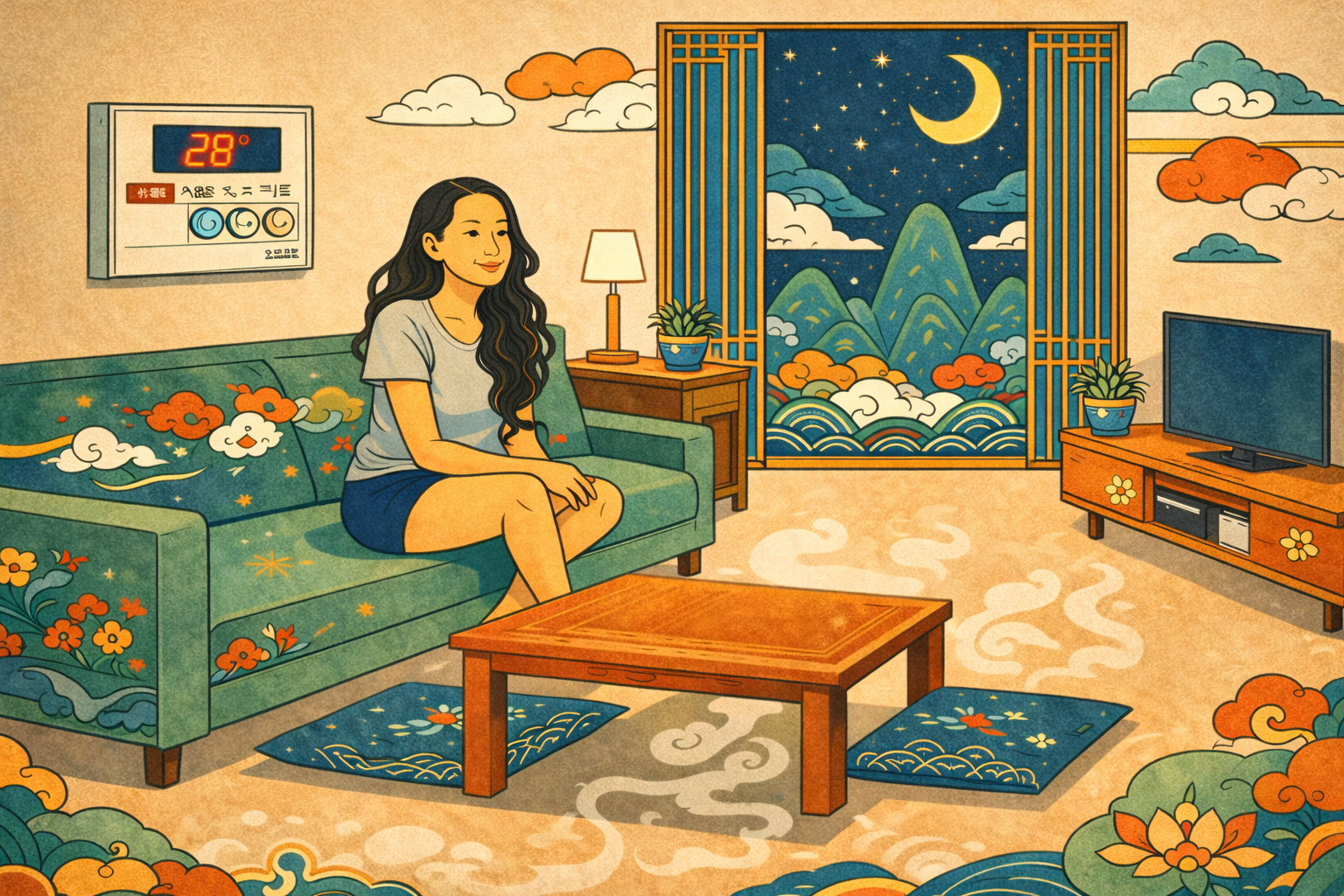 yeontan Korean coal briquette — minhwa style illustration of modern Korean apartment with ondol boiler panel