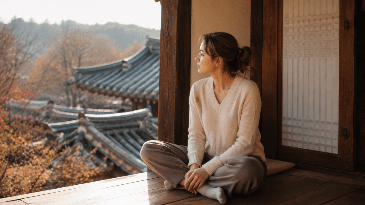 Woman sitting cross-legged on a warm wooden floor, looking out over hanok rooftops in autumn near ondol Korean heating