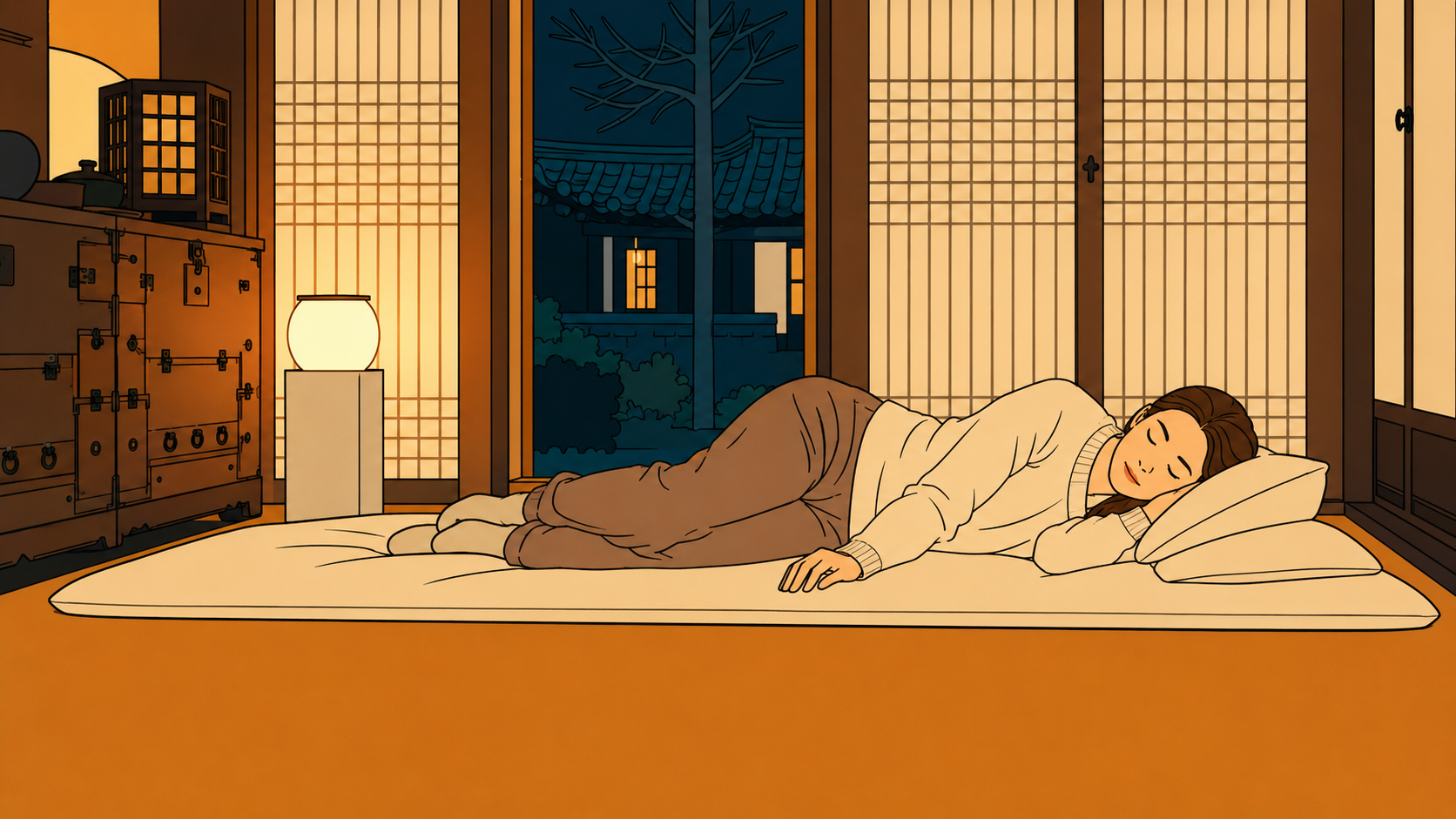 Illustrated woman sleeping peacefully on a floor mat in a warmly lit hanok room, thumbnail for K-Saju culture series on ondol Korean floor heating