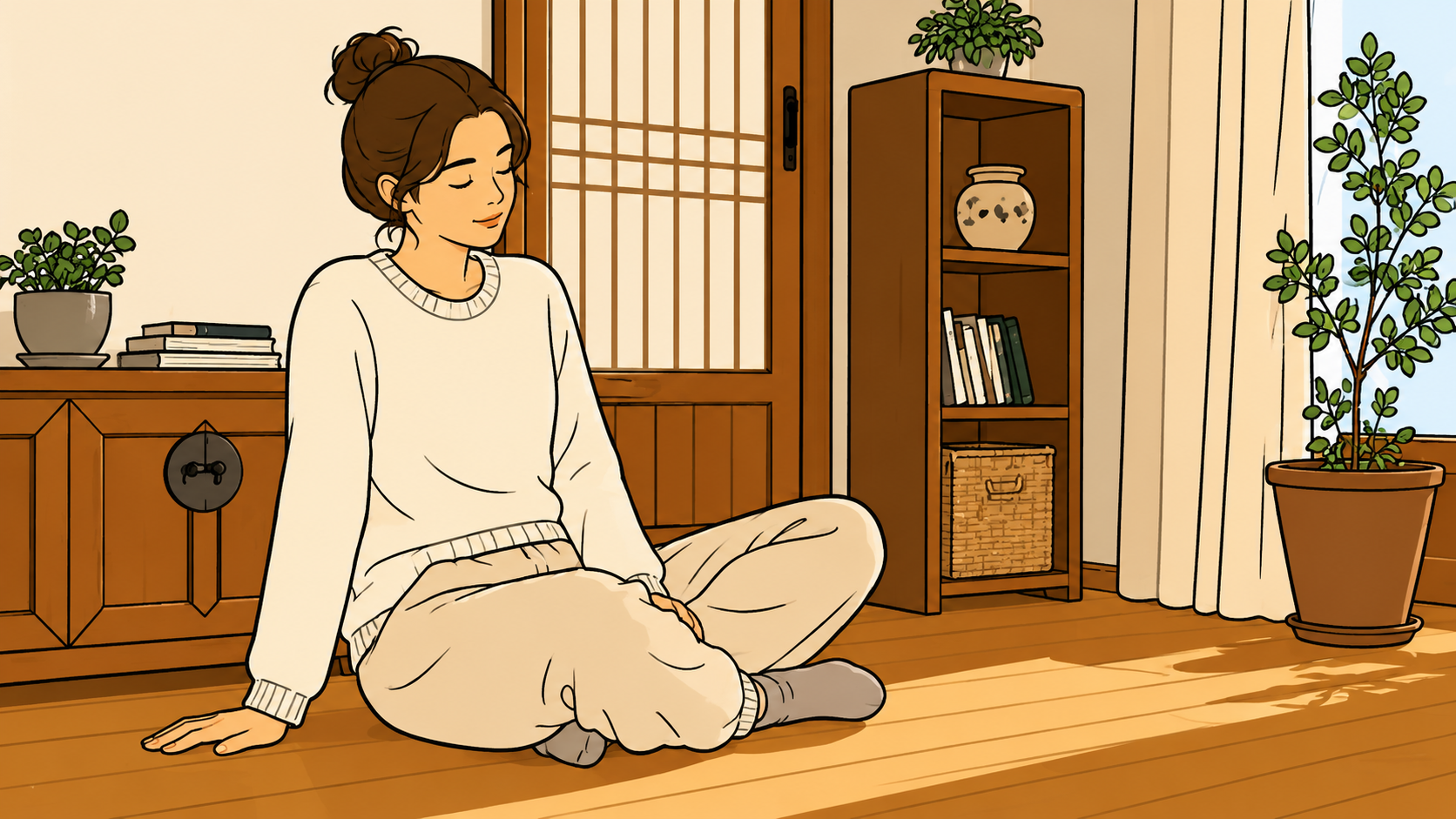 Illustrated woman sitting peacefully on a sunlit wooden floor, thumbnail for K-Saju culture series on ondol radiant floor heating