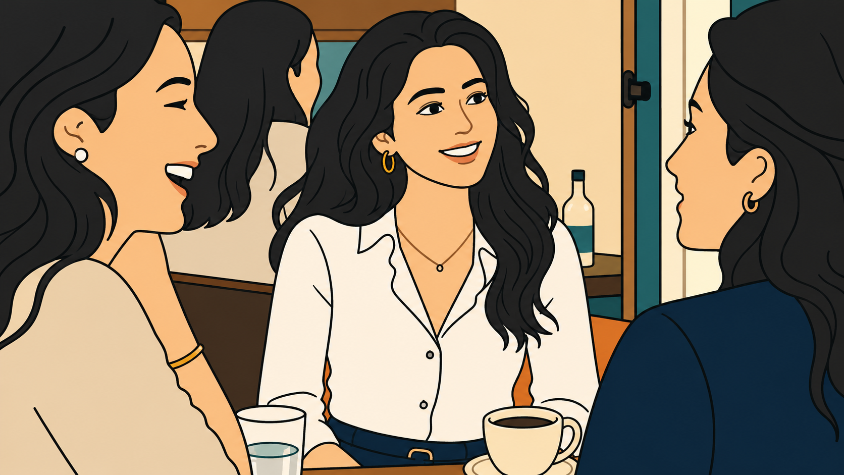 outgrowing friendships — minhwa-style illustration of a woman smiling with friends at a table
