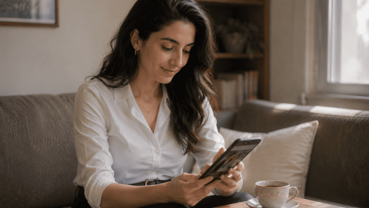 outgrowing friendships — woman looking through old photos on her phone, smiling faintly