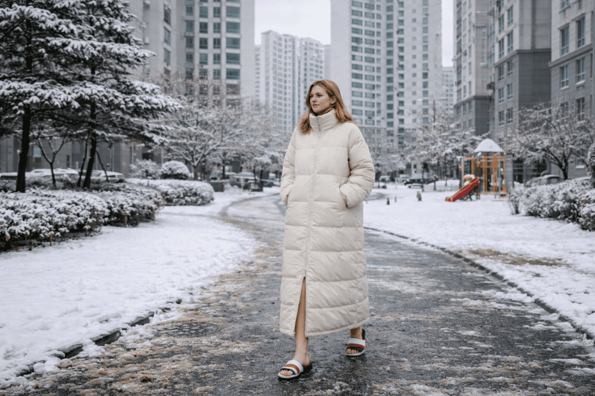 Korean winter indoor culture — woman in long padded coat and three-color slippers walking in snowy Korean apartment complex