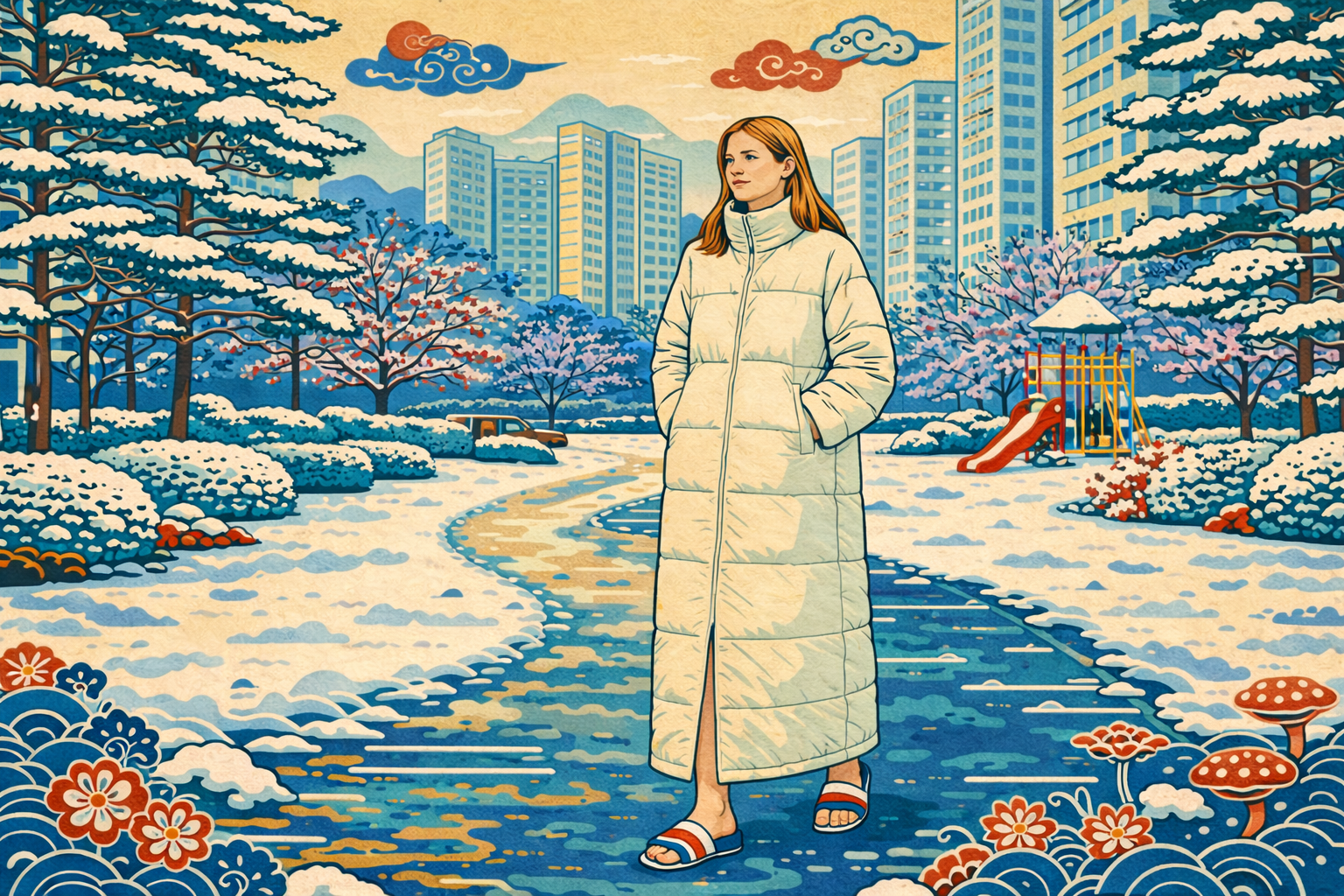 Korean winter indoor culture — minhwa style illustration of woman in padded coat and slippers in snowy Korean apartment complex