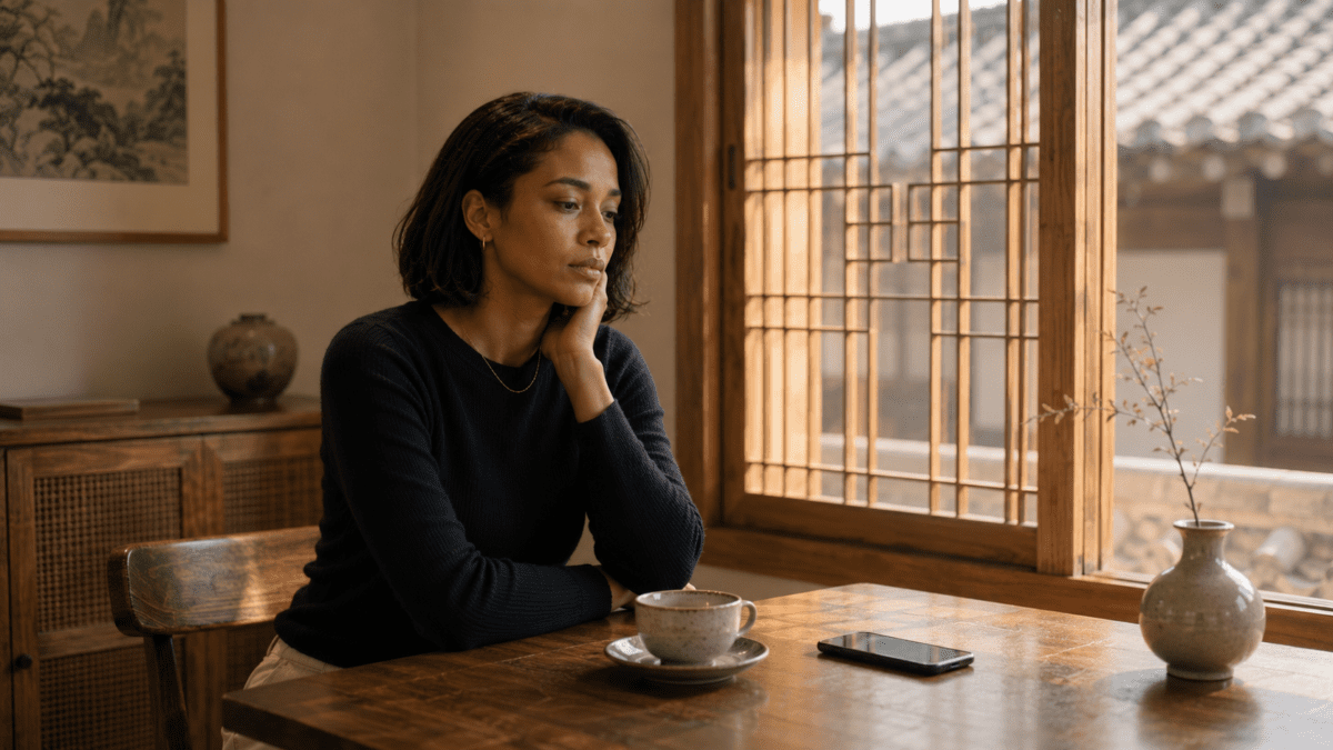 Woman sitting in a dim living room holding a phone to her ear, managing the call despite parents expectations and guilt