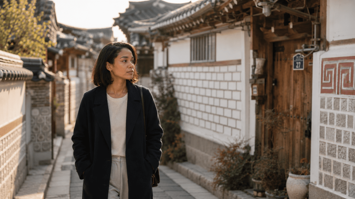 Woman walking alone through a hanok alley, looking away, carrying the weight of parents expectations and guilt