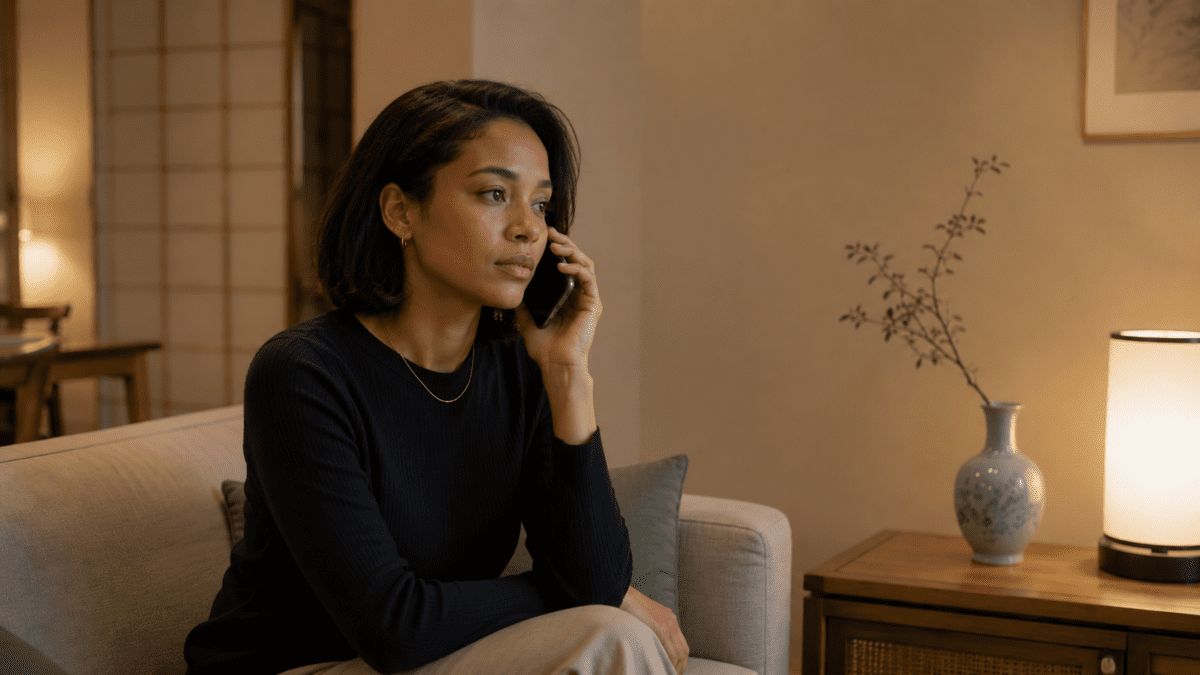Woman sitting at a wooden table by a hanok window, lost in thought beside her phone, weighed down by parents expectations and guilt