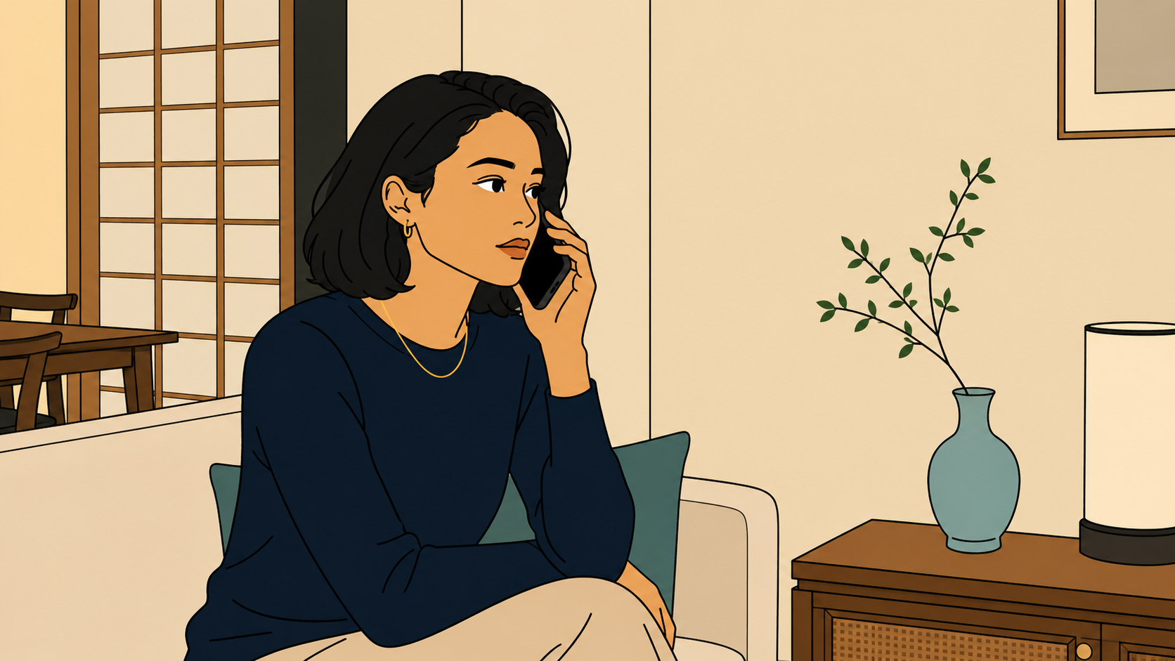Minhwa-style illustration of a woman on the phone in a quiet living room, carrying parents expectations and guilt
