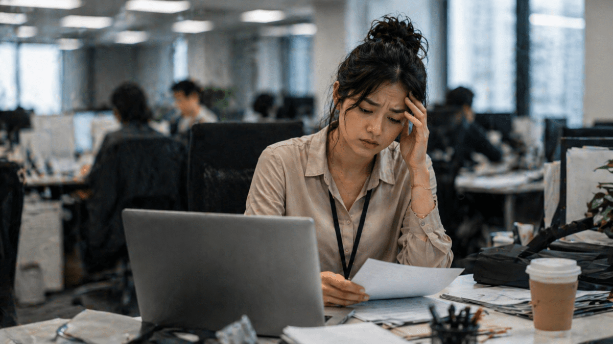 A stressed woman sits at her desk as gaslighting patterns quietly consume her focus, blurring reality around her.