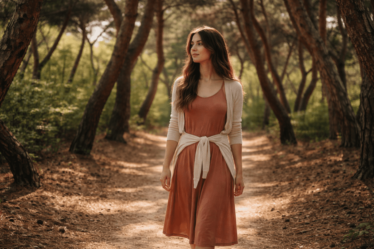 snake hour meaning in astrology — a young woman walking through a pine forest in dappled afternoon light
