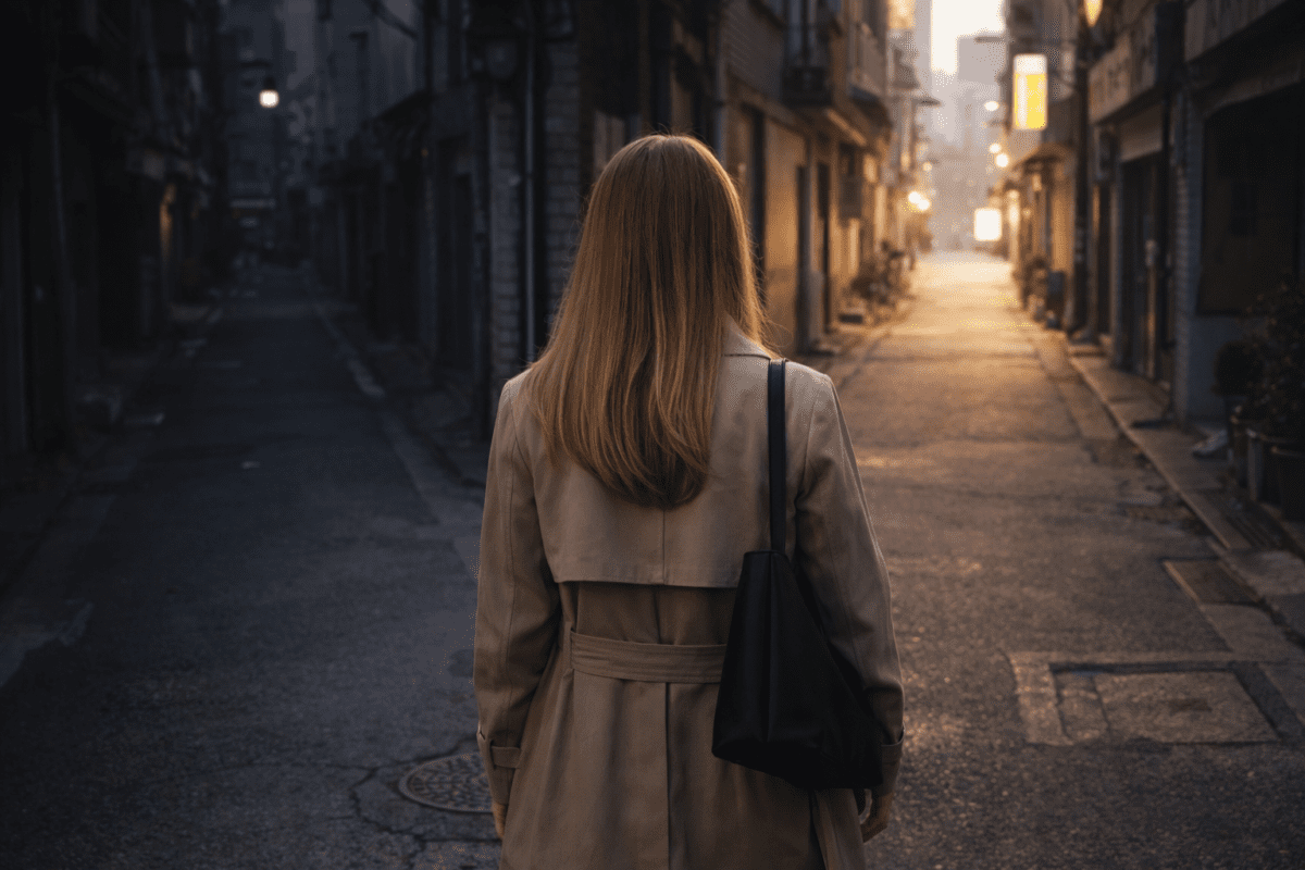 quarter-life crisis ending — woman walking toward light at end of dark Seoul alley