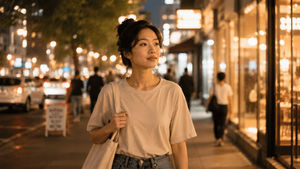 Woman walks city streets at night carrying a bag near her quarter-life crisis ending