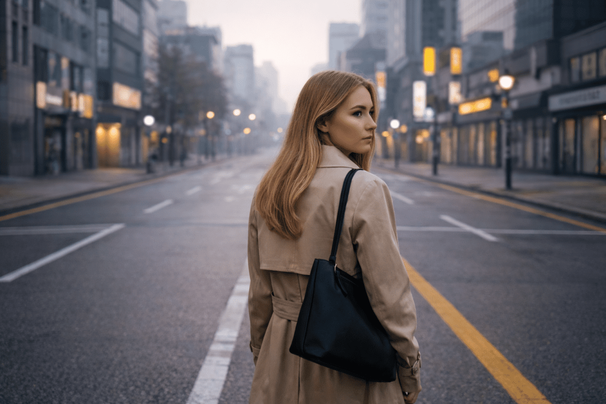 quarter-life crisis ending — woman standing alone on empty Seoul street at dawn looking back