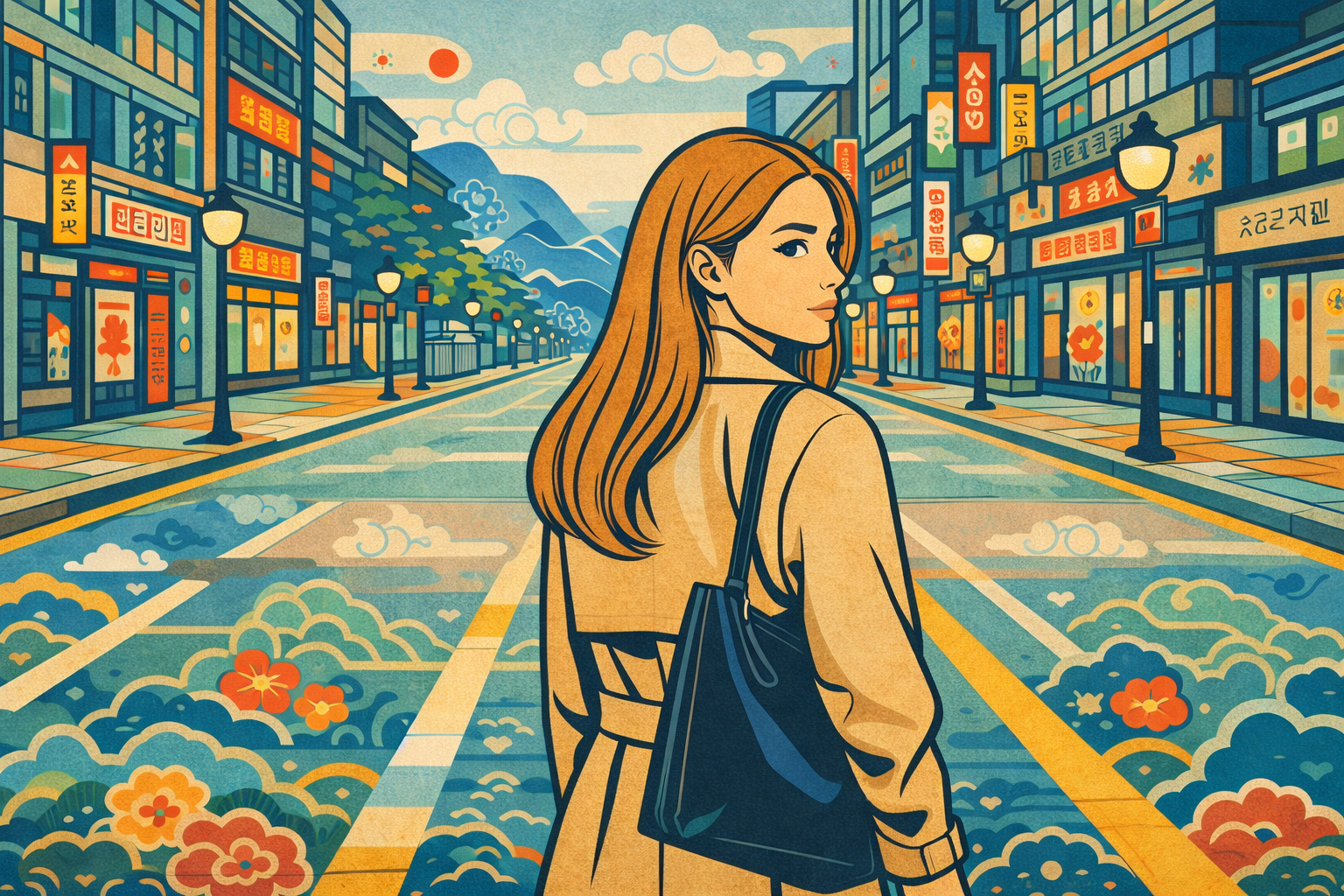 quarter-life crisis ending — minhwa style thumbnail woman turning back on Seoul street at dawn