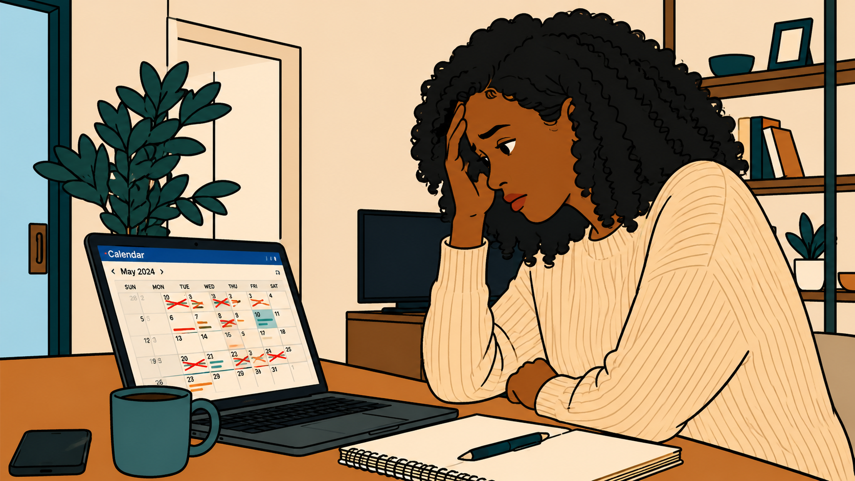 Illustrated woman pressing her forehead while staring at a calendar crossed out in red, thumbnail for K-Saju theory series on quarter-life crisis timing