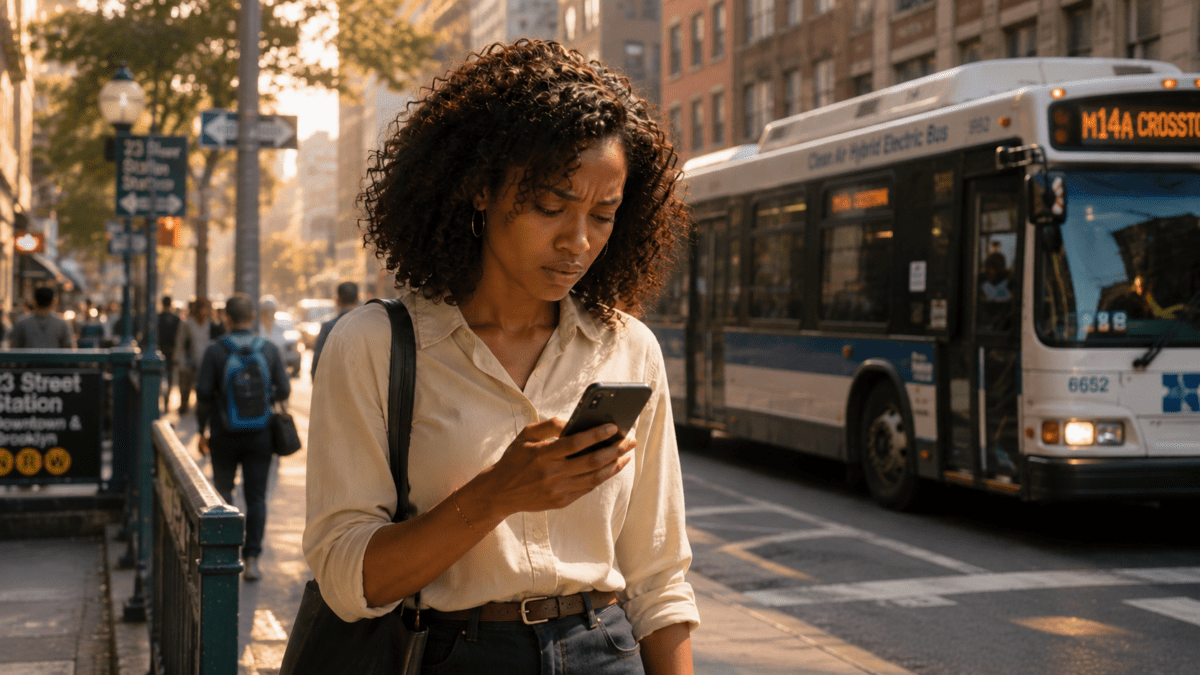 Woman checking her phone with a furrowed brow near a city bus stop, quarter-life crisis timing showing in a year that resists every move