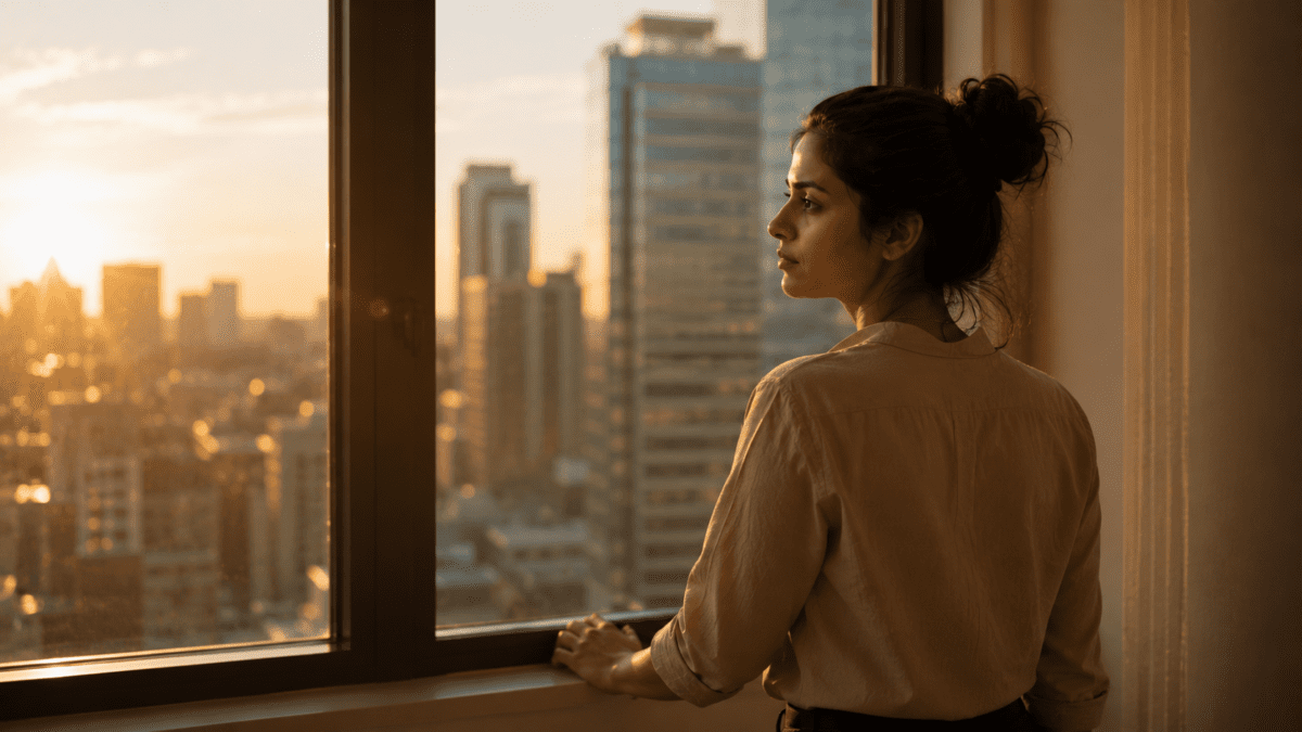 Woman gazing calmly at the city skyline at sunset, the quiet stillness of reading a quarter-life crisis as a cycle, not a failure