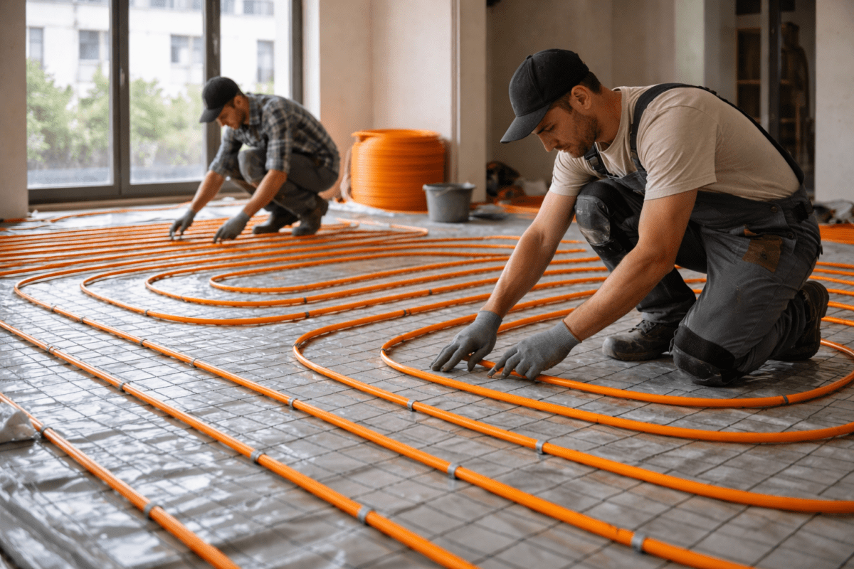 ondol radiant floor heating — workers installing radiant floor heating pipes in modern apartment
