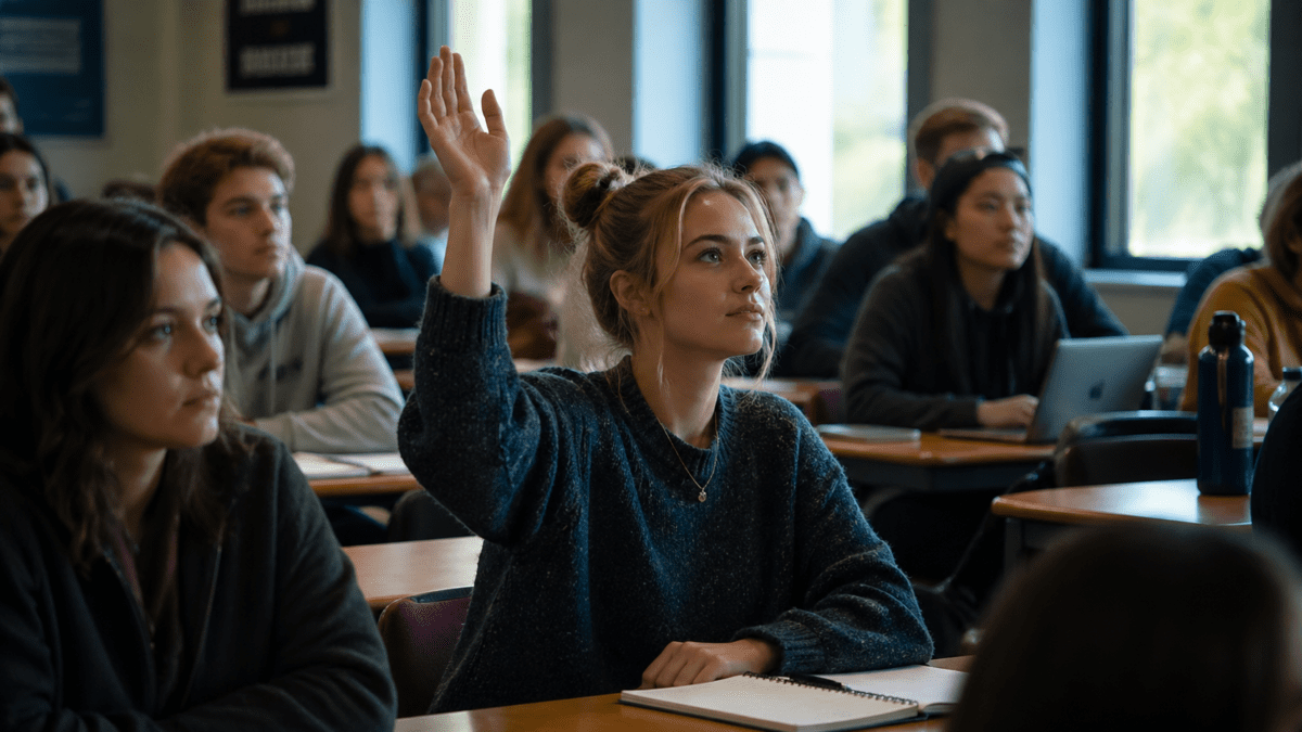 Student raising hand in lecture, contemplating changing your major but feeling trapped by commitment