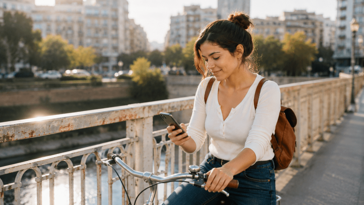 Woman pausing on her bike to read a phone message on a sunlit bridge, letting a kind text reach her for once.