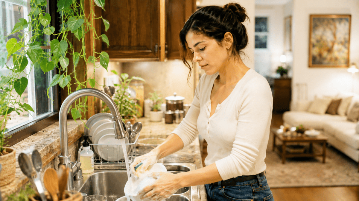 Woman washing dishes intently at the sink instead of resting, filling the space with motion rather than stillness.