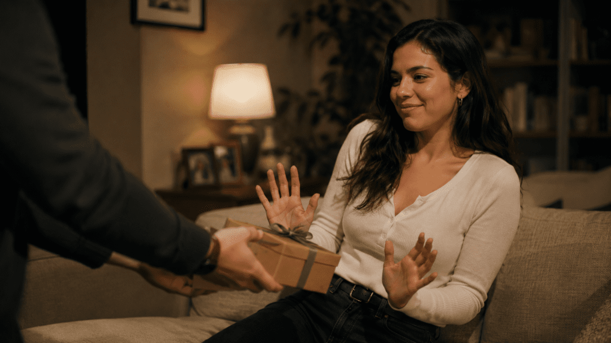 Woman raising both hands, smiling nervously as someone offers a wrapped gift, receiving love anxiety in her instinct to deflect.