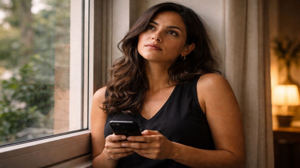 receiving love anxiety — Hispanic woman standing at window holding phone, looking up and away