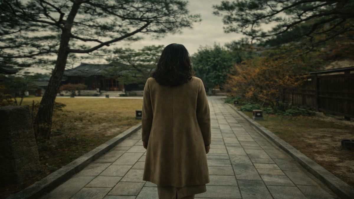 receiving love anxiety — woman standing on Korean garden path, back to camera, looking toward open hanok building