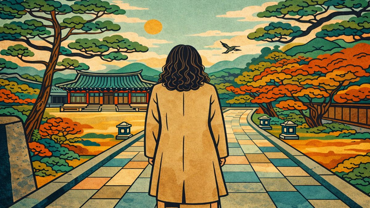 receiving love anxiety — minhwa style illustration of woman standing on Korean garden path, facing hanok building