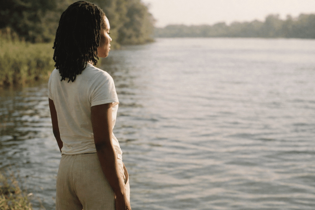 still tired after weekend — woman standing by riverside looking at water