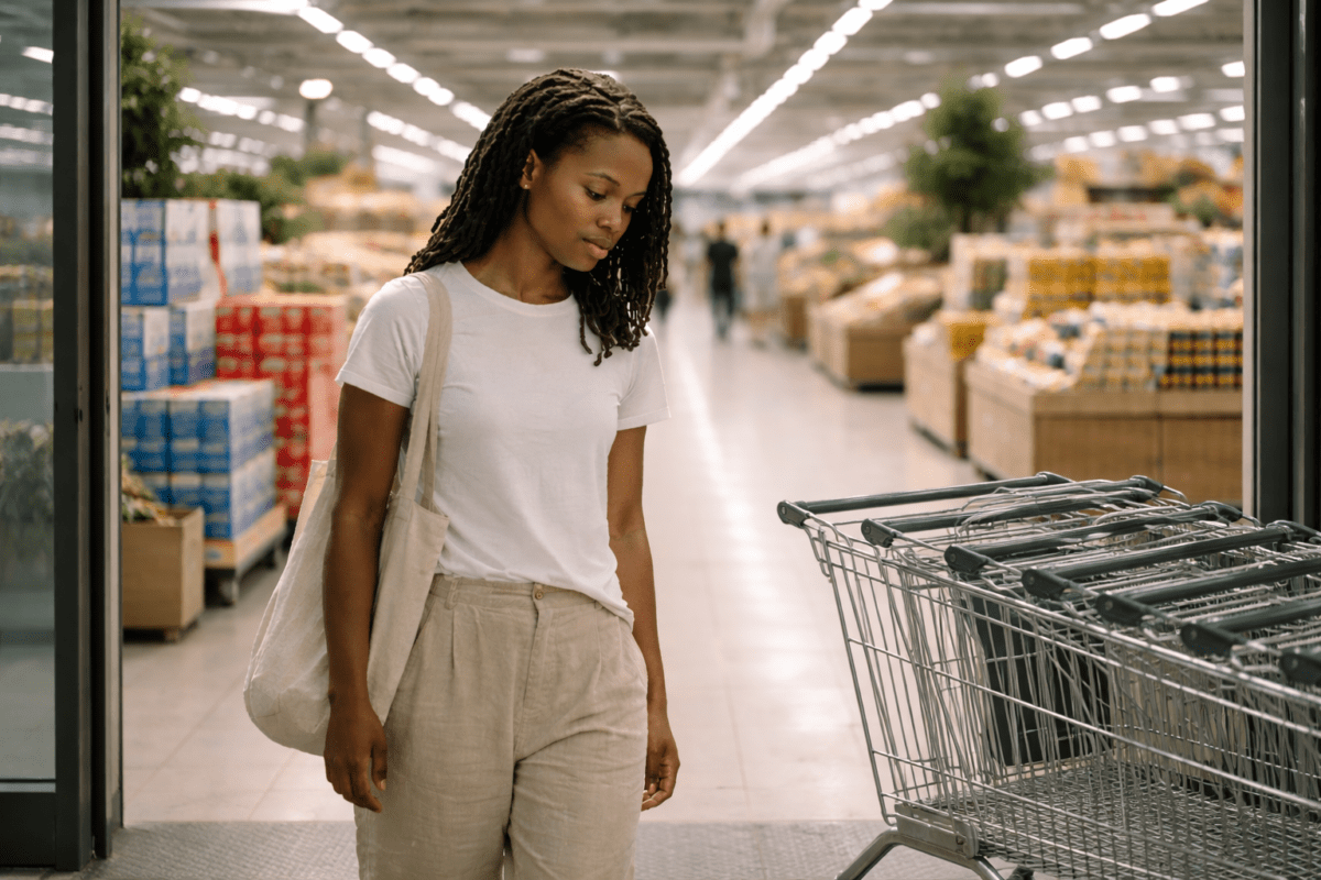 still tired after weekend — woman paused at supermarket entrance looking down