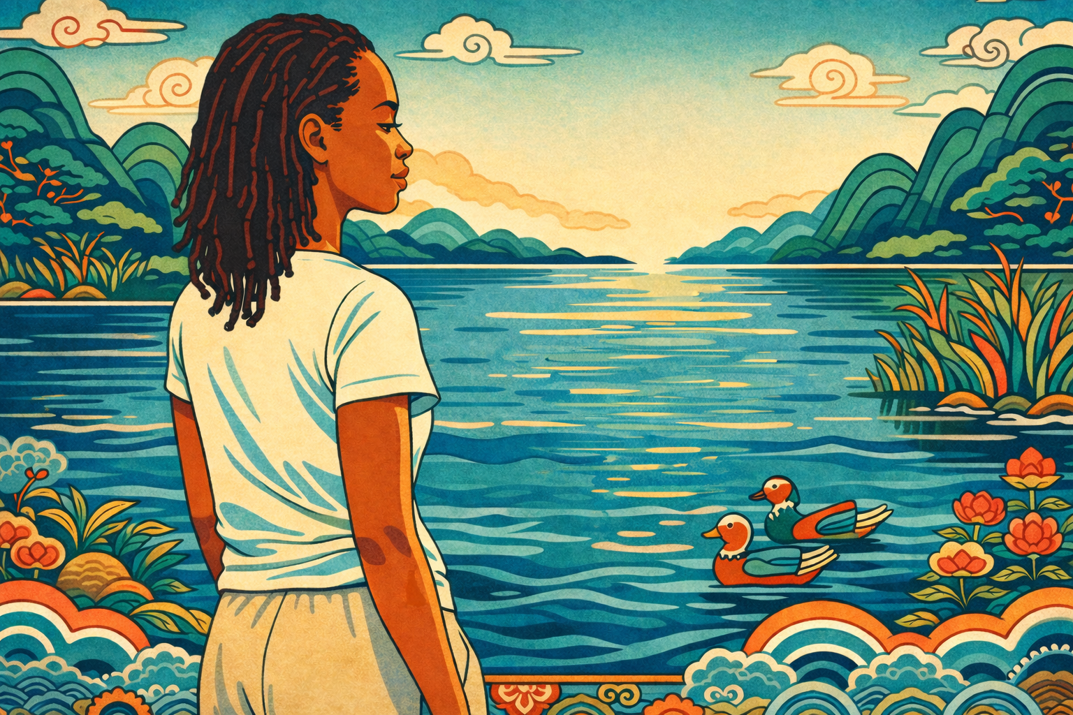 still tired after weekend — minhwa style illustration of woman standing by riverside