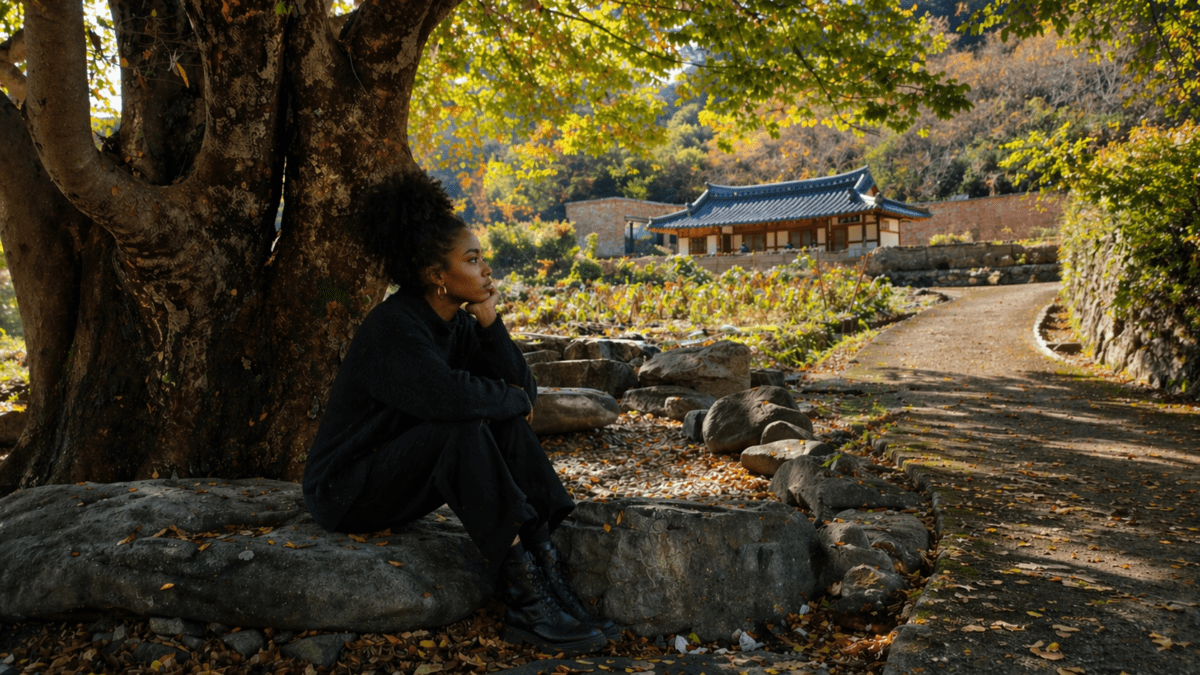 Burnout blocks multiple areas: woman sitting alone beneath ancient tree illustrating relationship stagnation and emotional disconnection during decade transition