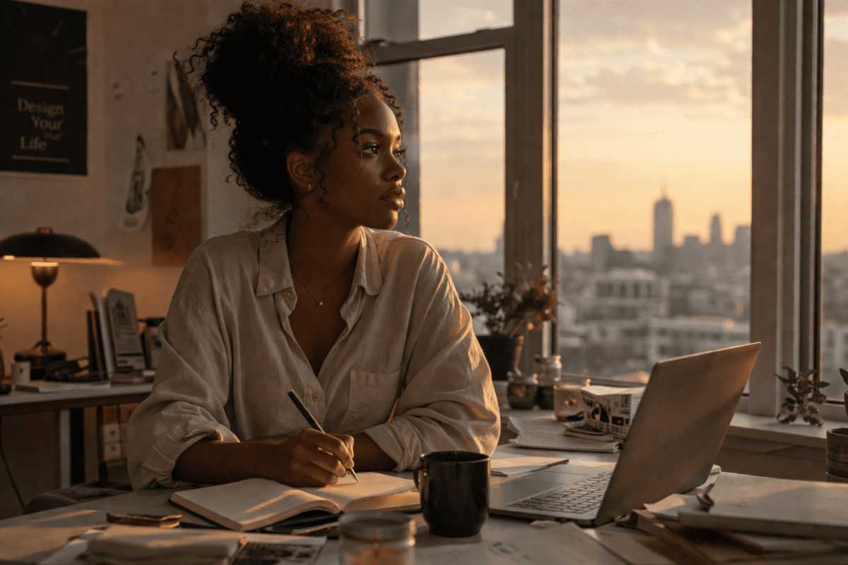 Type in motion: woman at high-rise desk overlooking city reflecting on how her constant design meets changing yearly conditions and energy patterns