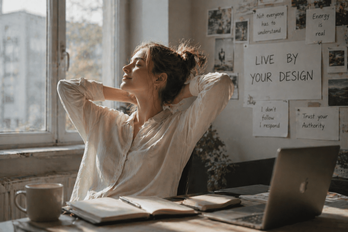 Human design and K-Saju comparison: woman resting at desk with affirmations realizing her operating system combined with timing cycles