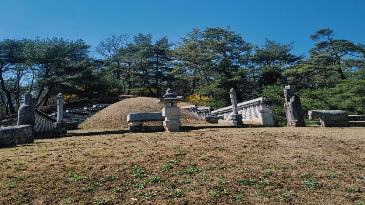 summer solstice meaning in astrology — a Joseon royal tomb mound resting under full midday light with stone guardians