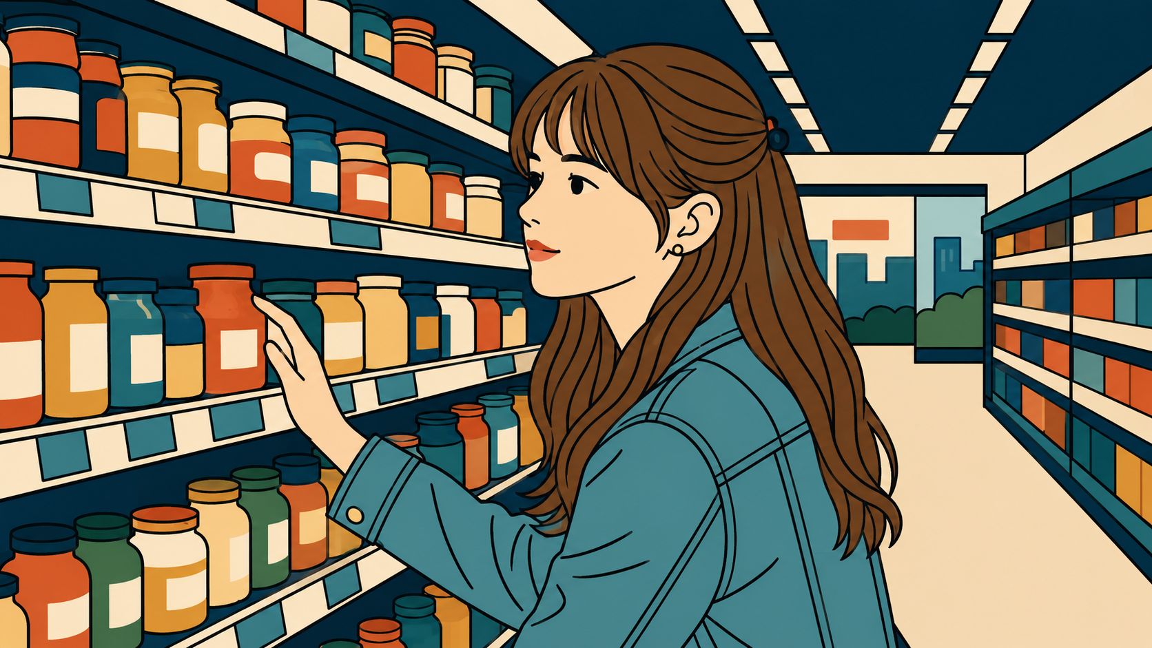 same feeling every month — minhwa-style illustration of a woman scanning grocery shelves