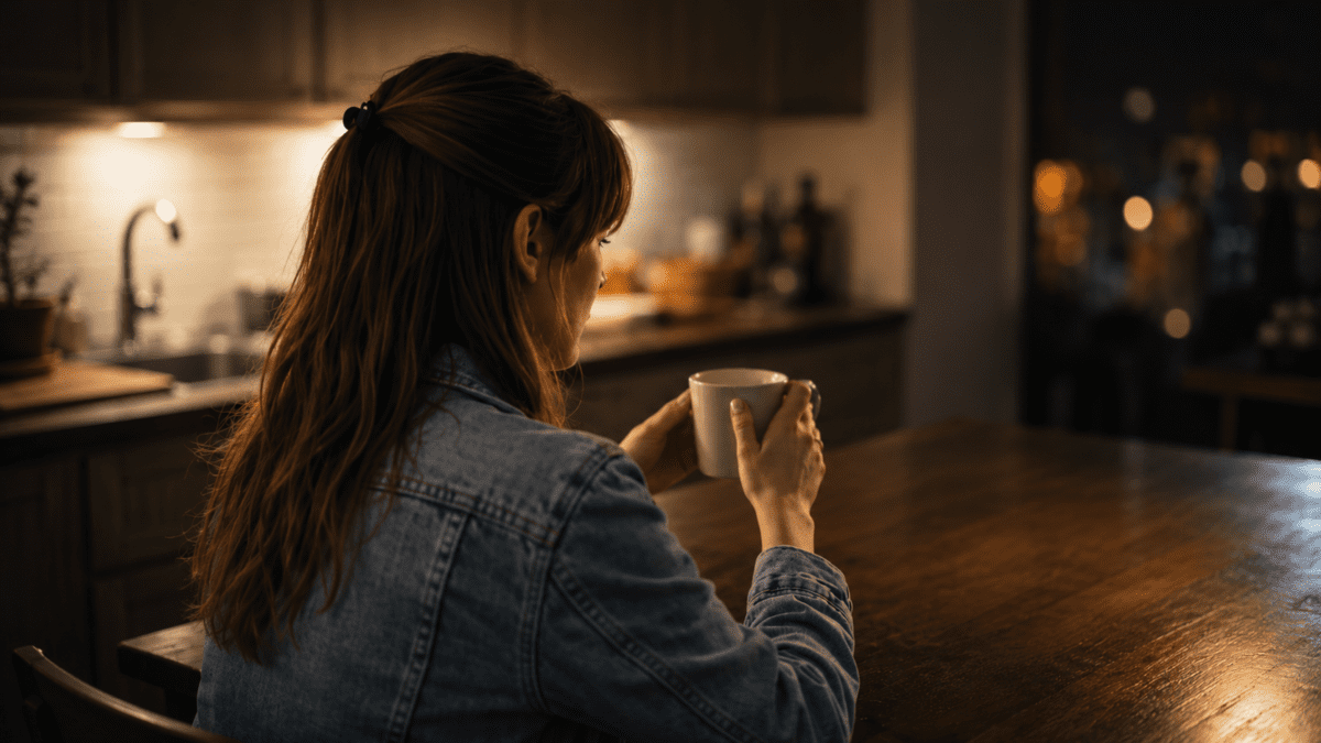 same feeling every month — woman holding a mug alone in a dark kitchen at night