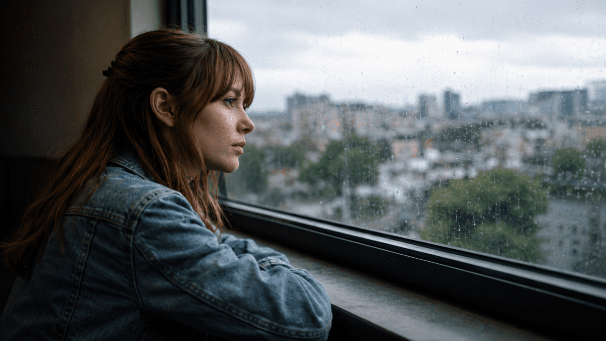 same feeling every month — woman staring out a rainy window, arms crossed