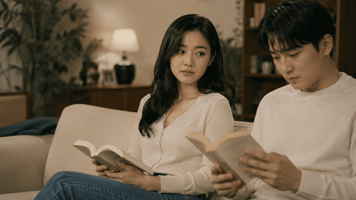 Woman glancing sideways at her partner while both read quietly on the couch, scared of being loved showing in her watchful distance even in a calm shared moment