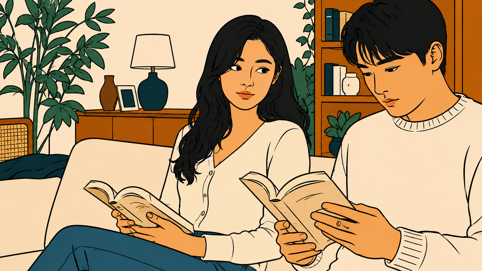 Illustrated woman glancing sideways at her partner while both read on the couch, scared of being loved thumbnail for K-Saju psychology series