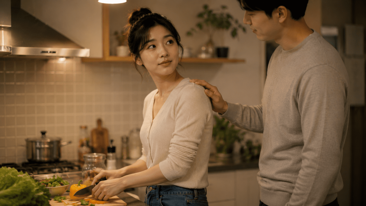 Woman cutting vegetables, glancing back warily as her partner touches her shoulder, scared of being loved in her hesitation to lean in