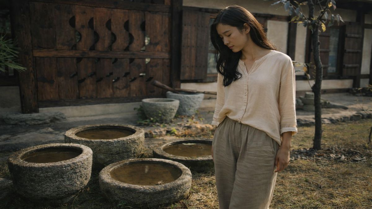 scared of being loved — East Asian woman standing beside stone water basins in Korean courtyard, looking down