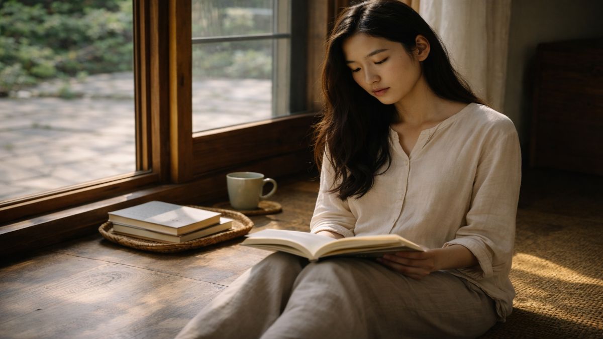 scared of being loved — East Asian woman sitting by window reading a book, sunlight on floor