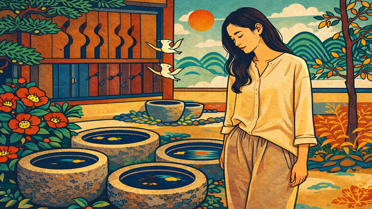 scared of being loved — minhwa style illustration of East Asian woman looking down at stone basins in Korean garden