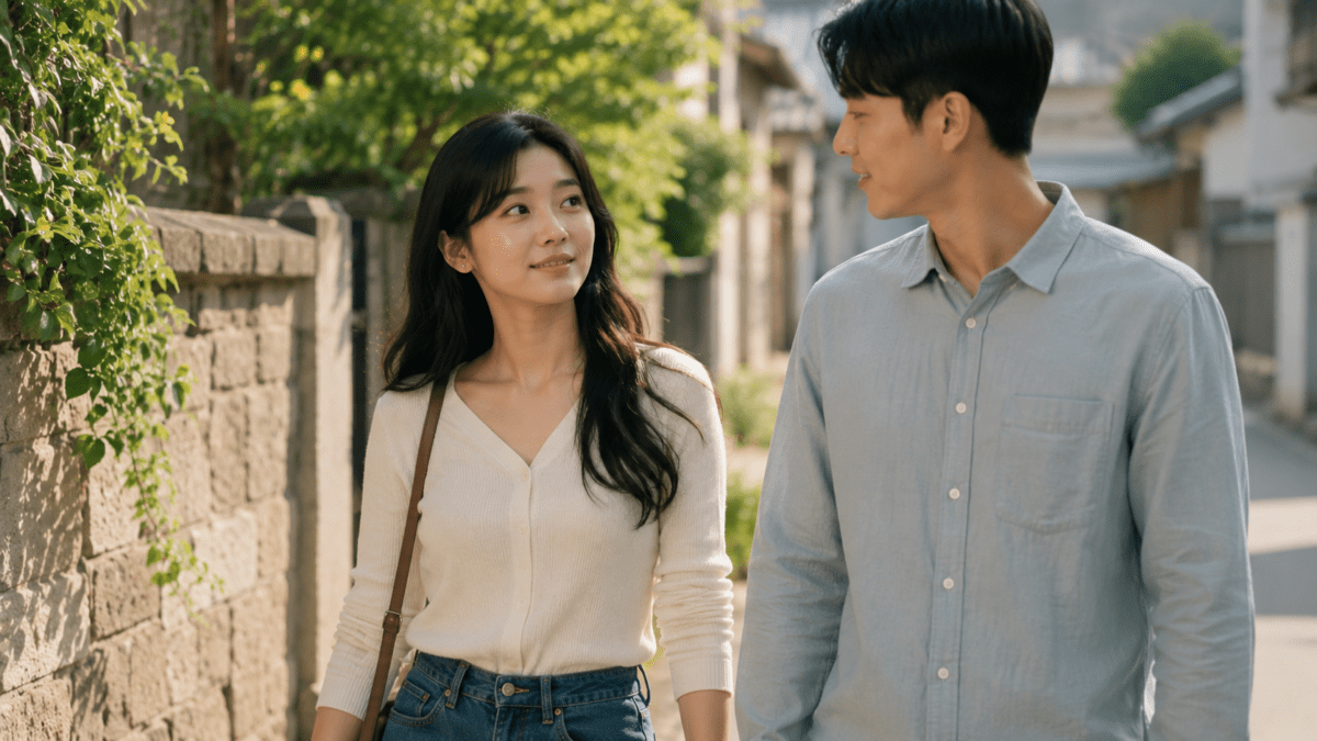 Woman smiling up at her partner while walking down a sunlit alley, scared of being loved softening for a moment in this easy shared walk