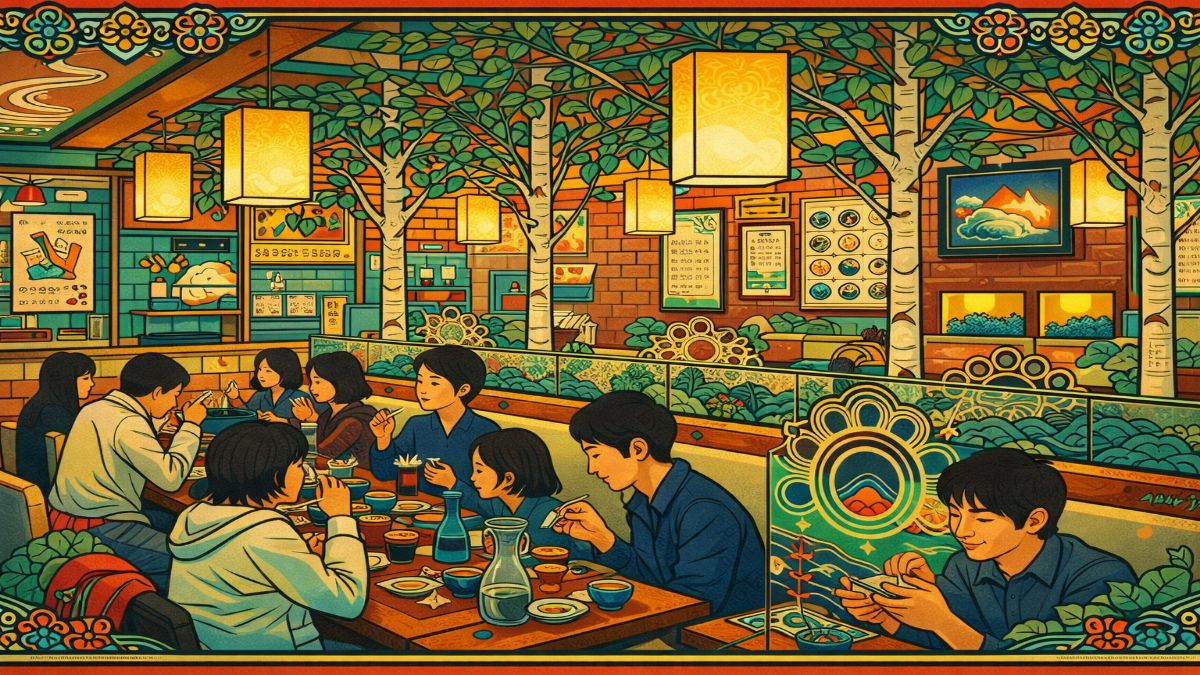 Korean bone broth restaurant — minhwa style illustration of Seoul diners
