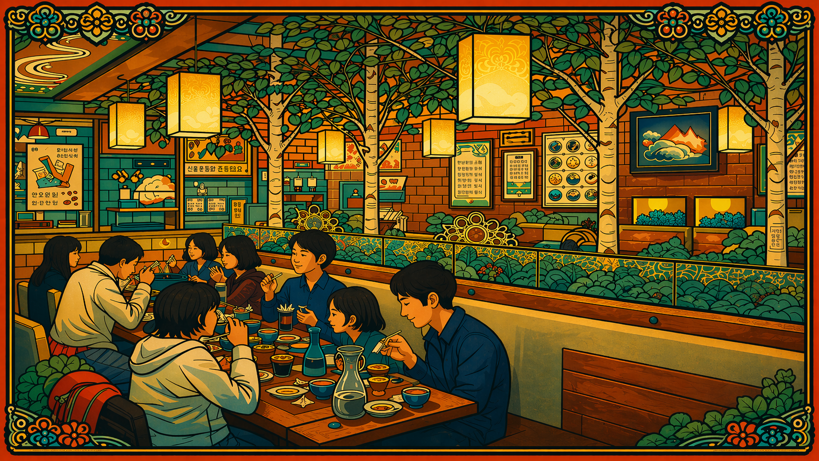 Korean bone broth restaurant — minhwa style illustration of Seoul diners