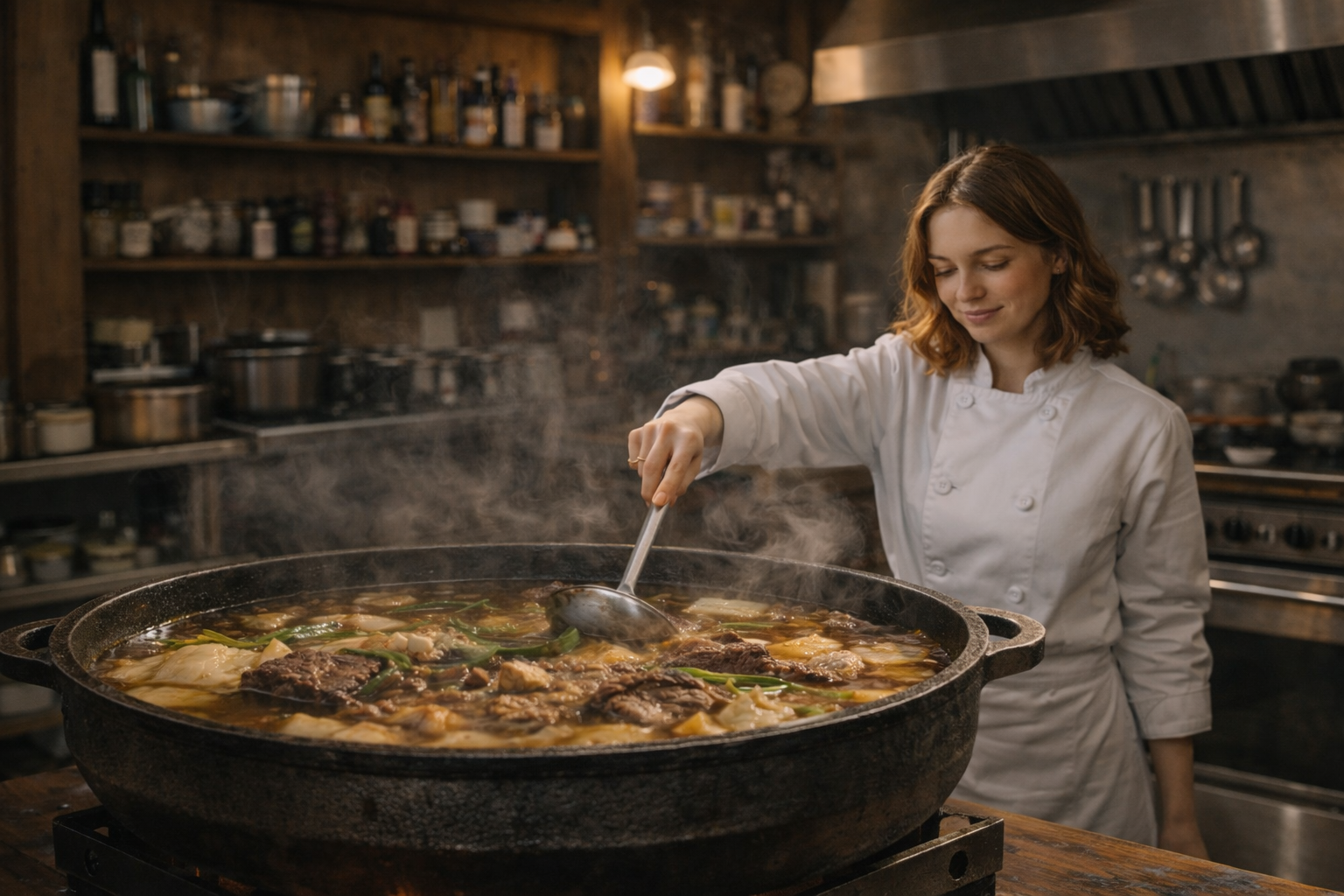 Korean beef soup — tourists watching seonji simmer in a large cauldron