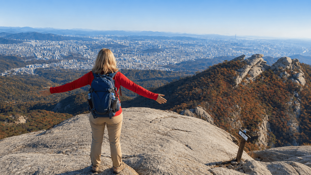 Hiker standing with arms open atop Baegundae's granite summit, the highest point among the mountains in Seoul.